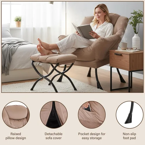 Vista 299 de Welnow Silla Lazy con otomana, moderna silla de descanso con reposabrazos y un bolsillo lateral, sillón para sofá de ocio, sillón de lectura
