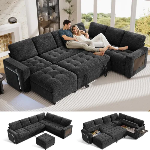 Vista 17 de Vipbear Sofá cama modular en forma de L de 5 asientos con cama extraíble/respaldo reclinable/puertos USB/asiento de almacenamiento, sofá cama Gris