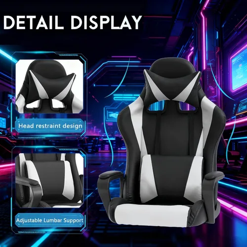 Vista 5 de Silla ergonómica para juegos de PC, silla de escritorio de carreras, respaldo alto, sillas de computadora de oficina con brazos, soporte lumbar