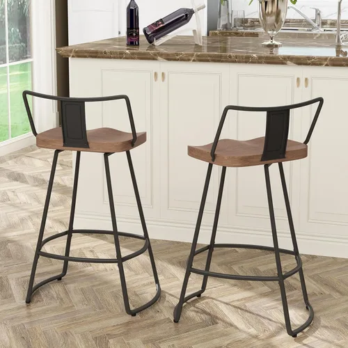 Vista 4 de Yongqiang Taburetes de bar giratorios de 24 pulgadas con respaldo, juego de 2 sillas de bar de metal con asiento de madera, taburetes de bar Negro