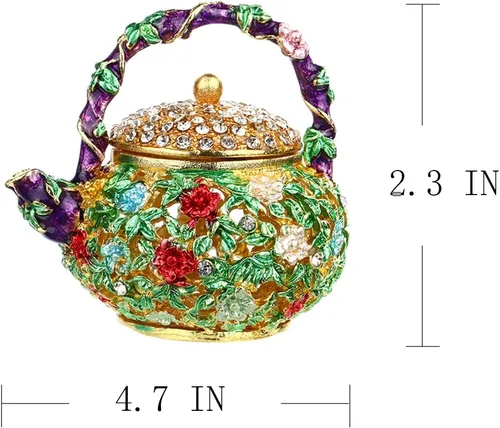 Vista 2 de YU FENG Mini tetera caja de baratijas con bisagras para niñas, soporte para anillo hecho a mano, plato decorado (tetera)