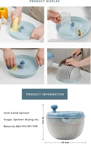 Vista 2 de Y&Z KITCHEN Escurridor de ensalada prémium – Lavadora de verduras eficiente y picadora de ensaladas, gran capacidad, cuerpo de plástico azul, hoja