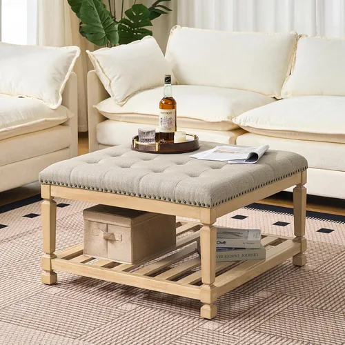 Vista 13 de Befurtori Mesa de centro otomana cuadrada grande, otomana tapizada de lino sólido con estante de madera maciza, mesa de centro copetuda