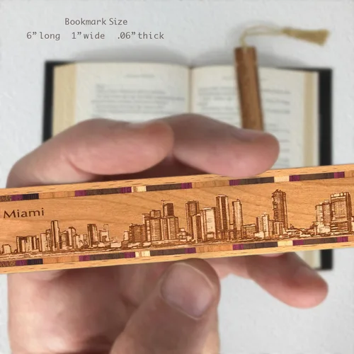Vista 3 de Miami Florida City Skyline - Marcapáginas de madera grabado con borla, fabricado en Estados Unidos