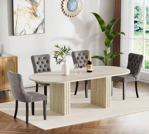 Vista 78 de Pvillez Extendable Dining Table Set of 8, Black Oval Dining Room Table & 8 Black Velvet Dining Chairs with Wood Leg, 62.99"-78.74" Kitchen Table and