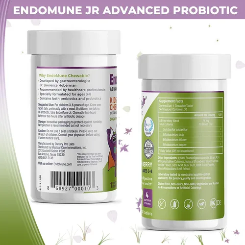 Vista 2 de Endomune Jr Advanced Kids Probiotic and Prebiotic Chewables - 10 mil millones de UFC - 4 cepas de bacterias y prebióticos FOS - Formulado por