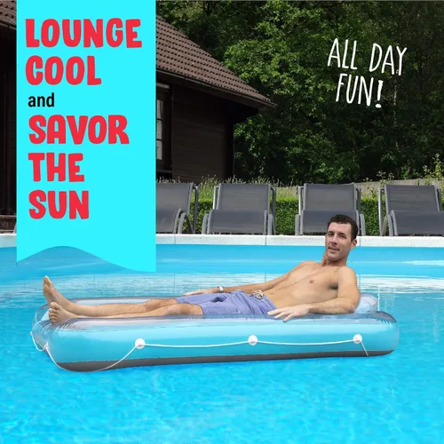 Vista 11 de Flotador inflable azul para tumbona de bronceado – Piscina personal con almohada – 13 años +