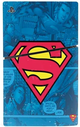Vista 2 de Skinit Calcomanía para juegos compatible con PS5 Slim Console Diseño de fondo con logotipo de Superman de DC Comics con licencia