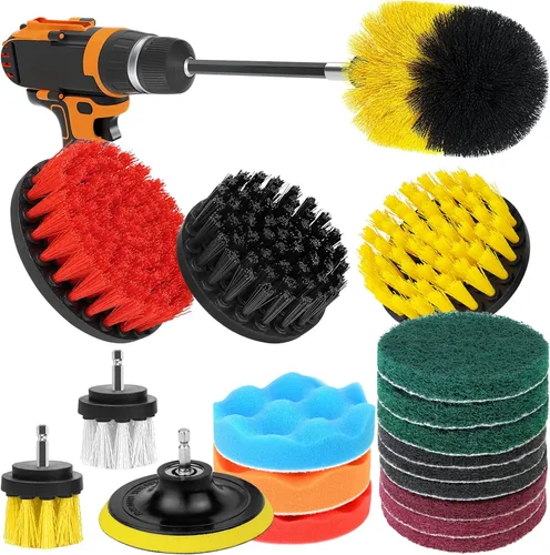 Accesorios para cepillos de taladro, 20 almohadillas de limpieza y cepillo de esponja con varilla larga extendida multiusos para lechada, superficie