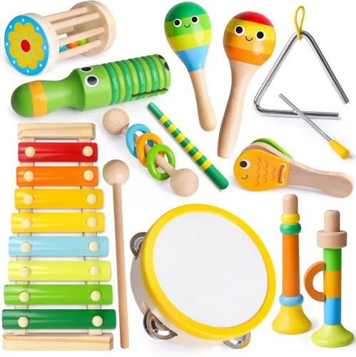 Coogam - Instrumentos musicales de madera para niños pequeños, juego de pandereta, xilófono, castañuelas, flauta, maracas, juguete de ritmo musical,