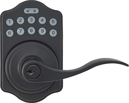 Amazon Basics Teclado electrónico, cerradura de puerta de entrada sin llave con cerrojo y mango, teclado para puerta delantera con pomo, cerraduras
