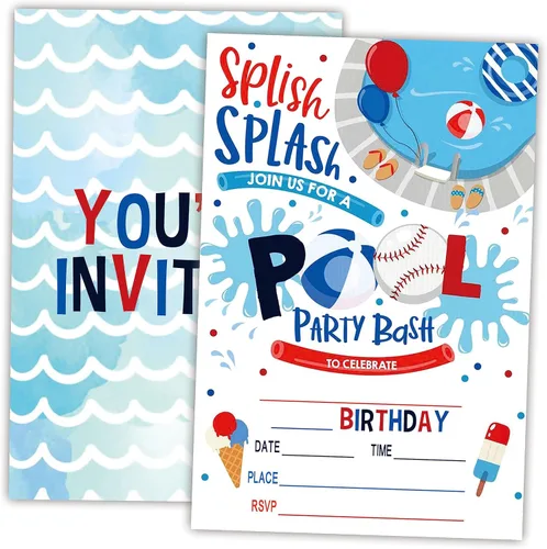 Vista 11 de AWSICE Invitaciones de cumpleaños para fiesta en la piscina, tarjetas de invitación de relleno de doble cara Aloha Tropical, 20 invitaciones