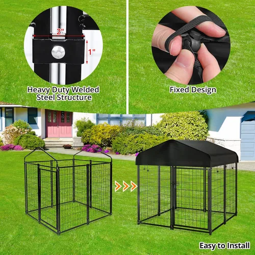 Vista 4 de Perrera para perros al aire libre con techo, 4 x 4.2 x 4.5 pies de alambre soldado para exteriores, jaula de perro resistente con cubierta