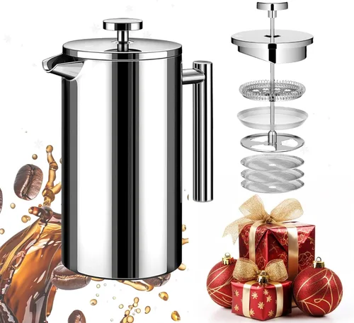 Vista 16 de Cafetera de Prensa Francesa de Acero Inoxidable Negro, Prensa Francesa Aislada de Doble Pared, para Café y Té, con 3 Pantallas Extra y una Cuchara