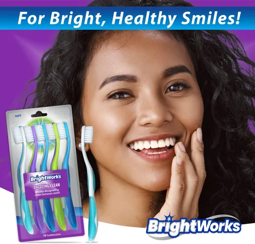 Vista 2 de BrightWorks Dazzling Clean Manual Toothbrush (10 Pack), Soft, Bristles Designed to Clean in Between Teeth. Great for Sensitive Teeth or Sensory