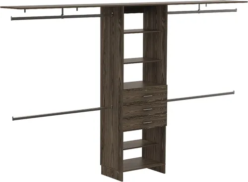 Vista 6 de Closet System 69" W 118" W, Four Hanging Rods, Three Drawers, Five Shelves, Dark Walnut