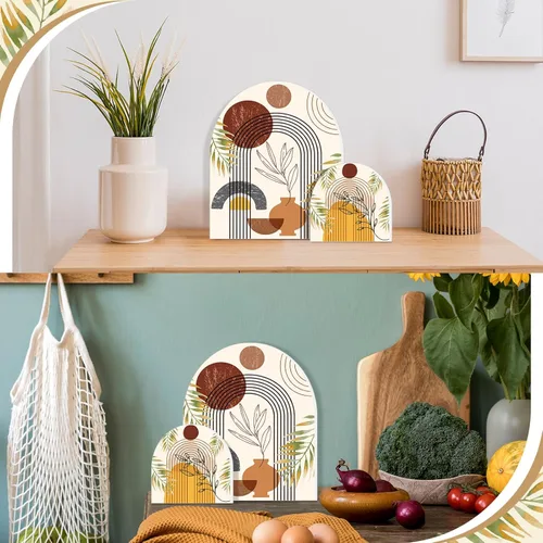 Vista 4 de Ziliny 2 tablas de cortar decorativas de madera con forma de arco iris, bandeja de servir de madera bohemia con arco de charcutería, bandeja