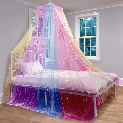 Vista 3 de Bollepo Toldo de cama morado y arcoíris para niñas con estrellas brillantes - Decoración de habitación de red de cuna de princesa Cortinas de cama