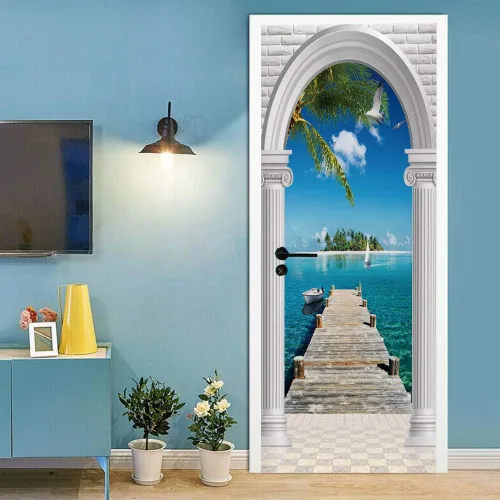 Vista 7 de 3D Pegatina de pared adhesiva para puerta - Poster de película de escaleras antiguas Premium PVC impermeable para pared de dormitorio y sala