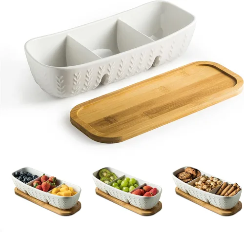 Vista 10 de Miamolo Bandeja de condimentos de 3 compartimentos, recipiente para patatas fritas y salsa con bandeja de madera para servir, perfecto