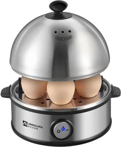 Annie & Mia Design Cocedor eléctrico para huevos, caldera de huevos de acero inoxidable con capacidad para 7 huevos, 360 W, duro, medio, escalfador