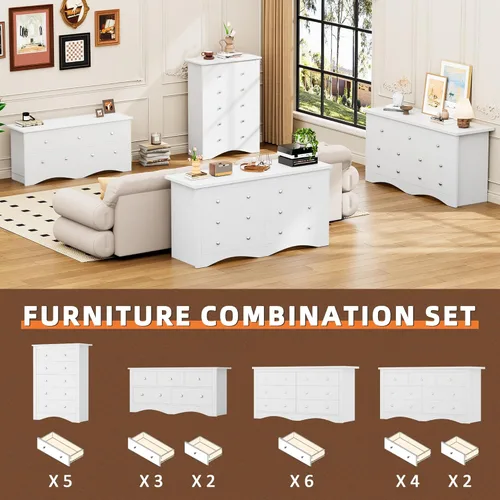 Vista 17 de Flamaker Cómoda alta para dormitorio, cómoda de 5 cajones, cómoda de madera, cómoda ancha, cajones de almacenamiento, organizador de almacenamiento