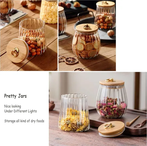 Vista 7 de FANTESTICRYAN Tarro de almacenamiento hermético de café de vidrio con nueces, recipiente decorativo de pétalos con tapa de bambú y asa de metal