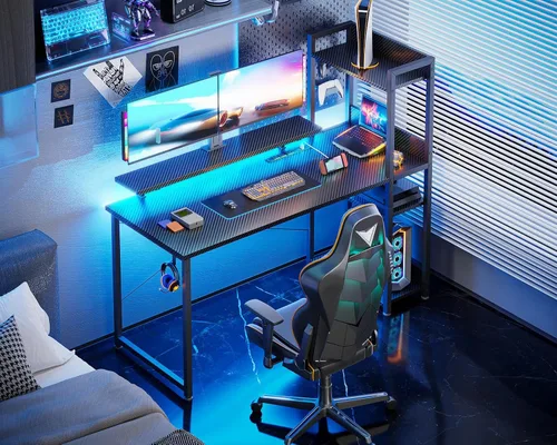 Vista 16 de ODK Escritorio reversible para juegos de 55 pulgadas con puerto de carga USB y luces LED, escritorio para computadora con estantes de almacenamiento