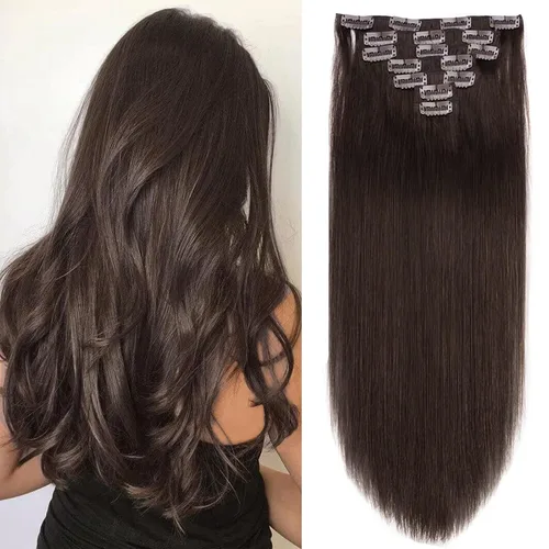 Vista 17 de Extensiones de cabello humano con clip de 14 pulgadas, 4.33 oz, 7 piezas, 16 clips, color marrón chocolate, doble trama, extensiones de cabello Remy