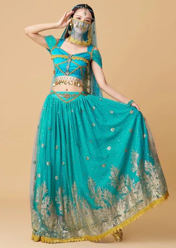 Vista 3 de ELLYDOOR Disfraces de princesa jazmín para mujer, disfraz de Aladdin para Halloween, cosplay, traje de danza del vientre