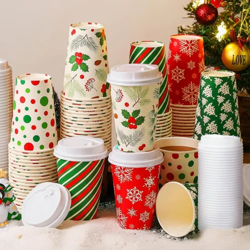 Vista 12 de Gerrii Juego de 100 vasos de papel de Navidad desechables de 12 onzas con tapas, tazas de chocolate caliente, tazas de café, tazas calientes