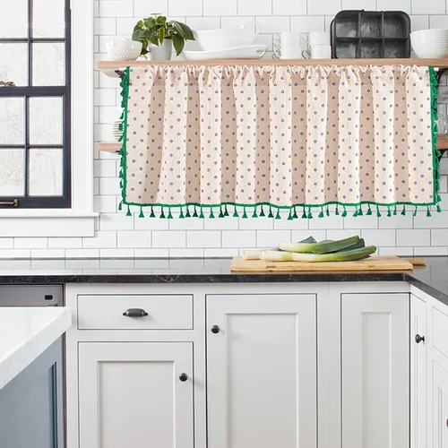 Vista 11 de Cortinas de lino con borlas bohemias para ventana, semiopacas, panel geométrico bohemio para sala de estar, cocina, cafetería, comedor, cenefas