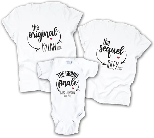 Final de la secuela original, tercer anuncio de bebé, camisas para niños que anuncian el embarazo, varios colores más antiguos del medio más joven