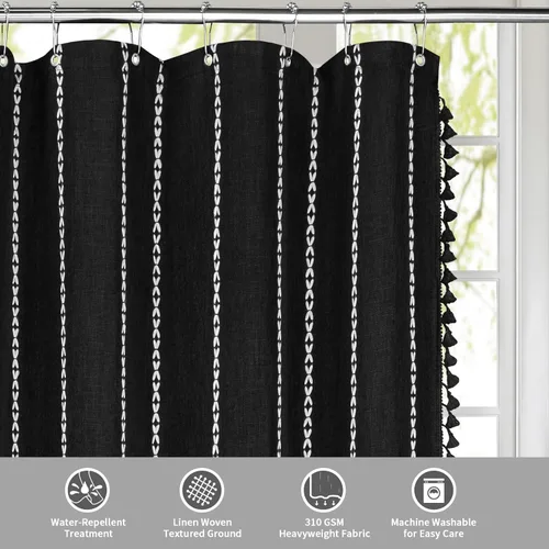 Vista 7 de MitoVilla - Cortina de ducha pequeña color negro de 36 x 72 pulgadas, de tela pesada de lino de algodón estrecho resistente a las arrugas