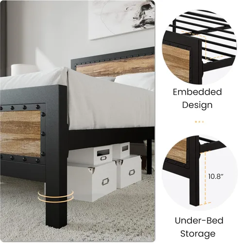 Vista 5 de SHA CERLIN Armazón de Cama de Metal Resistente Tamaño Queen, Base de Plataforma con Cabecero y Pie de Cama de Madera, Soporte de 13 Listones