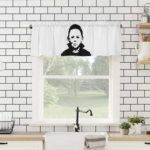 Vista 4 de Cenefa de ventana de terror para decoración de Halloween, Michael-Myers Cortina de ventana de Halloween para cocina, sala de estar, dormitorio