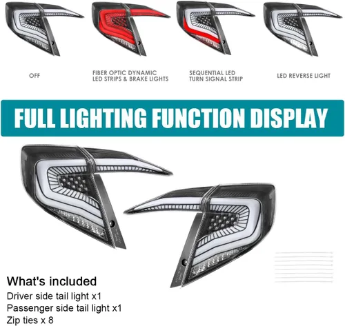 Vista 7 de SPEC-D TUNING Luces traseras negras con tiras LED blancas, señal de giro LED secuencial y animación de inicio compatible con Honda Civic 4 puertas