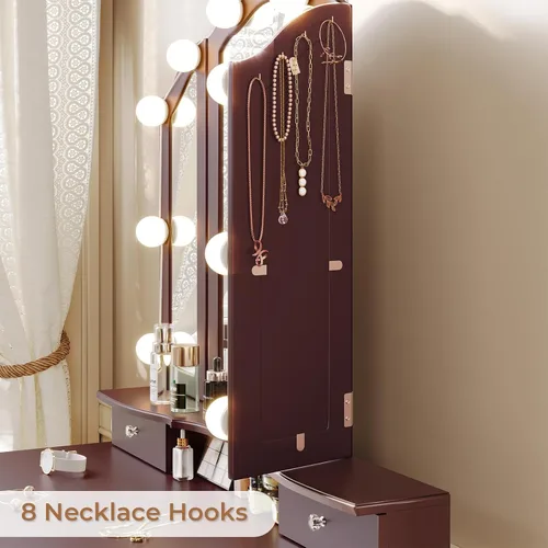 Vista 3 de Tiptiper Escritorio de tocador, tocador de maquillaje con espejo tríptico iluminado y taburete, juego de mesa de tocador con 10 bombillas LED y 3
