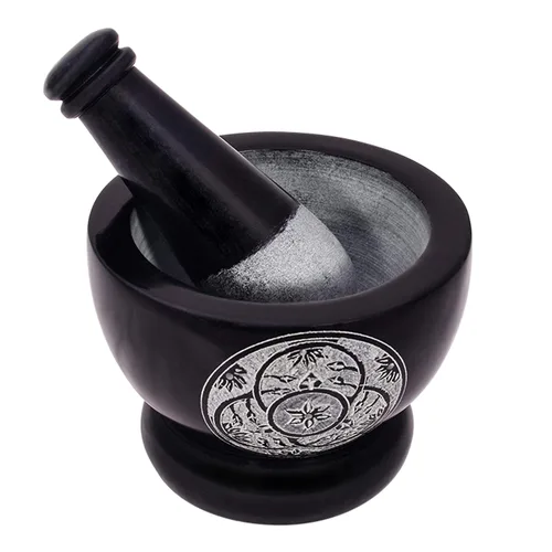Vista 8 de Mortero y mortero, hecho de piedra dura pulida resistente, molinillo de piedra natural para especias, pastas, hierbas, condimentos, etc.