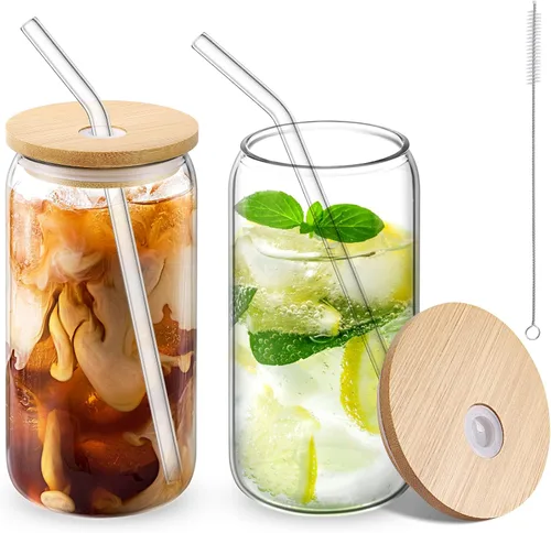 Vasos de vidrio CWHHRN con tapa y pajita, 16oz, vasos de cerveza, tazas de café, tazas de café helado con pajita, vaso de vidrio (paquete de 2)