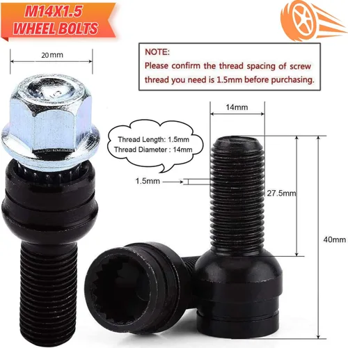 Vista 4 de Tornillos de rueda de bloqueo M14 x 1.5 con llave de bloqueo para BMW, Volkswagen (VW) Golf Jetta Beetle Passat Audi, acero sólido, negro, juego de 5