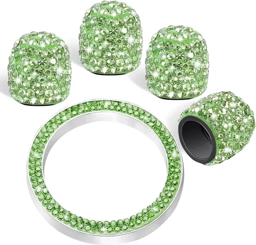 Vista 13 de WINKA 4 tapones para válvula de neumático de automóvil con diamantes de imitación, 1 cubierta de botón de motor de automóvil, anillo de encendido