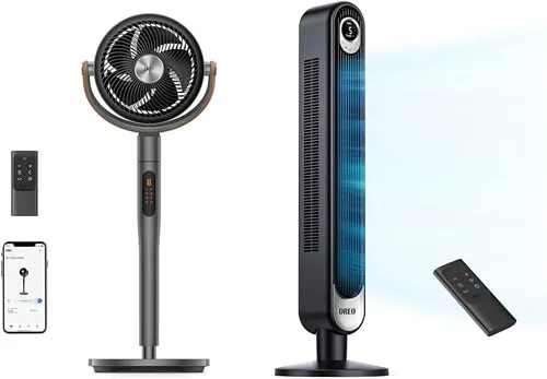 Dreo Ventilador de pedestal con ventilador de torre remoto y sin aspas con control remoto, ventiladores oscilantes para el hogar y la oficina