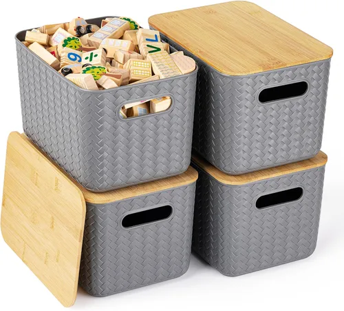 Vista 8 de Ohmlove Paquete de 4 contenedores de almacenamiento con tapas de bambú, contenedores de almacenamiento de plástico con tapas, caja de almacenamiento
