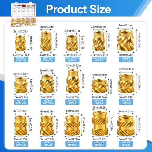 Vista 6 de Juego de 400 piezas de insertos roscados de latón de alta calidad, M2 M2.5 M3 M4 M5 M6, tuercas métricas moleteadas hembra, insertos de juego