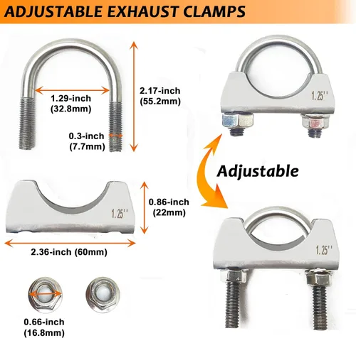 Vista 2 de Abrazadera de escape de acero inoxidable 304 de 1.25 pulgadas, abrazaderas de suspensión de escape, abrazadera de silenciador, pernos en U de 1.25
