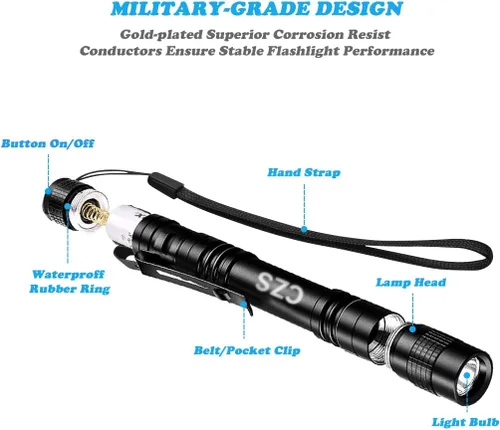 Vista 3 de CZS Linterna, Juego de 2 Linternas de Lápiz, Linternas Pequeñas de Altos Lúmenes, Linterna LED Alimentada por Batería de 2 Pilas AAA, Linternas