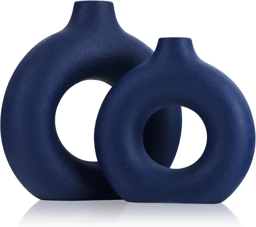 Vista 12 de Jarrón de cerámica negro mate para decoración del hogar, juego de 2 jarrones minimalistas con forma de dona, decoración bohemia moderna para centro