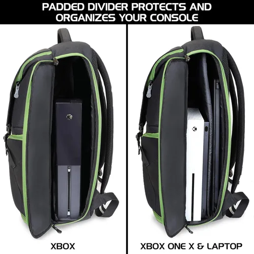 Vista 3 de ENHANCE Mochila Xbox Funda de transporte para Xbox compatible con Xbox One X One S Compartimentos de almacenamiento Gear Arsenal para mandos Xbox