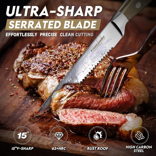 Vista 2 de Freelander Juego de 4 cuchillos de carne dentados, cuchillos japoneses de acero inoxidable de alto carbono de 4.5 pulgadas con mango de madera